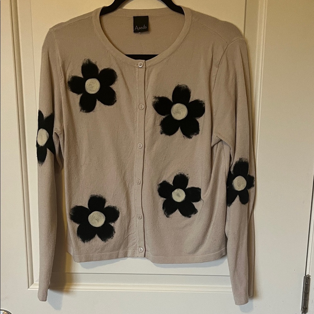 Aaeda Women's Beige Cardigan with Black Floral Accents
